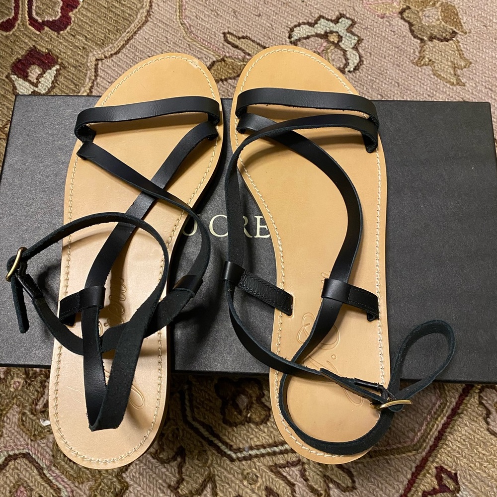 J Crew leather sandals, wrap around the ankle. Black w/gold buckle. Size 9. NWT
